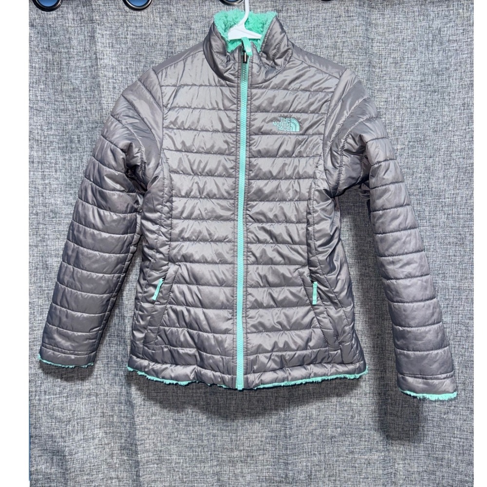The North Face Reversible Puffer Jacket Grey Mint Green Fleece Girls Large 14/16